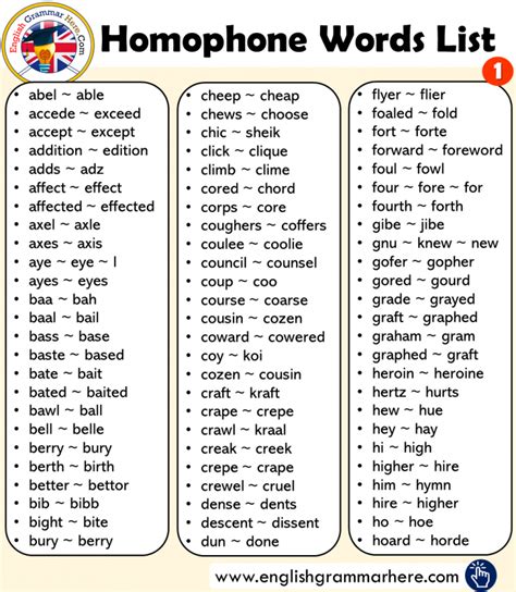 Homophone Words List In English Homophones Words English Grammar