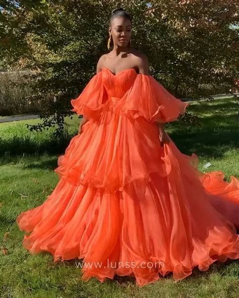 Amazing Flounced Puffy Orange Chiffon Layered Ball Gown With Puffy Short Sleeves Orange Prom