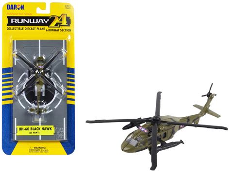 Sikorsky Uh 60 Black Hawk Helicopter Olive Drab United States Army With Runway Section Diecast