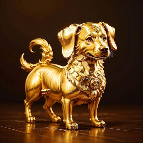 Premium Photo | A golden dog statue with a gold collar and a gold ring around its neck.