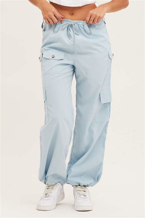 Womens Blue Cargo Parachute Pants Strap Waist Ally Fashion