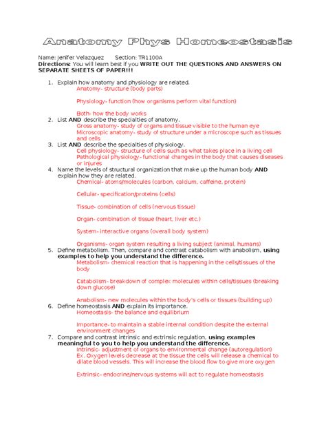 1 Anatomy Phys Homeostasis Review Guide Name Jenifer Velazquez