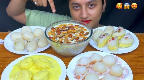 Indian Sweets Eating Lots Of Rasgulla Rasmalai Sewai Kheer Sandes