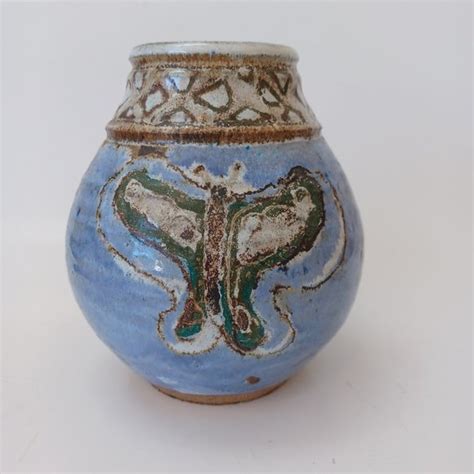 Our Gang Art Our Gang Pottery Vase Blue Butterfly Hand Crafted Folk