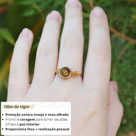 Anel Dourado Pedra Natural De Olho De Tigre Delicado Elo