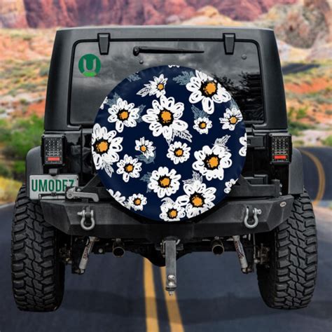 White Sunflowers Drawing By Hand On Dark Blue Background Spare Tire