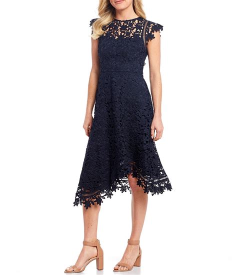 Eliza J Asymetrical Hem Floral Lace Crew Neck Cap Sleeve A Line Midi