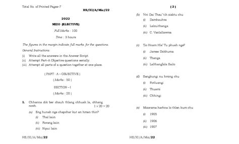 Mbose Class 11 Question Paper 2022 For Mizo Elective