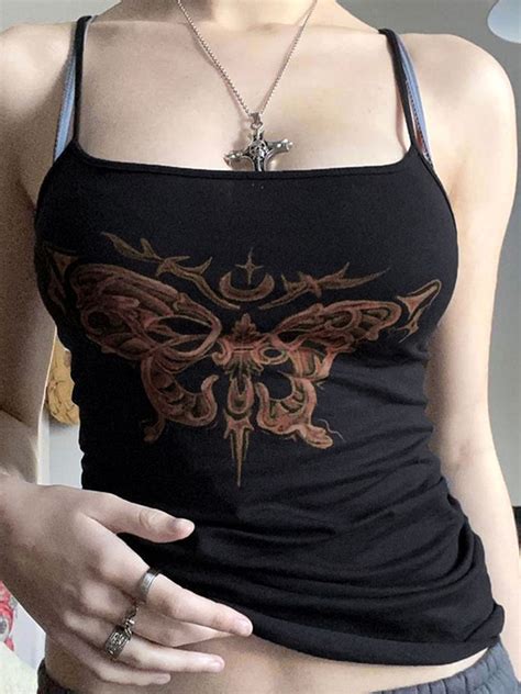 Emmiol Free Shipping 2024 Butterfly Print Slim Fit Black Cami Top Black