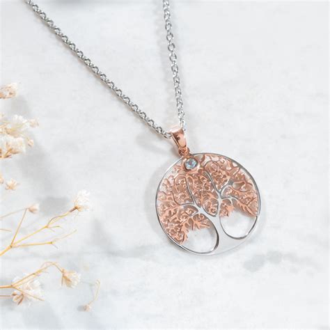 Collier Arbre De Vie Argent Rose Avec Pierre En Topaze Bleue