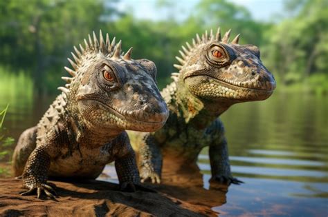 Premium Ai Image Two Ancient Dinosaur Reptiles In The Water