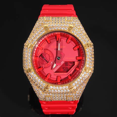 G Shock Custom Ga2100 Red Custom G Shock Red Dial Cz Diamond Cubic