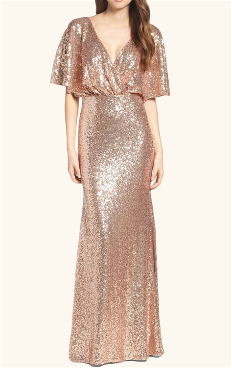 Macloth V Neck Sequin Long Bridesmaid Dress Rose Gold Formal Evening G