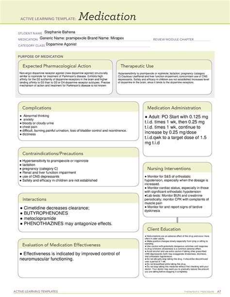 Ati Medication Card Template Medication Card Pramipexole Active