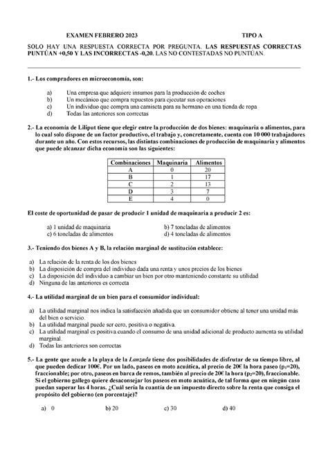 Examen Febrero Tipo A Introducci N A La Microeconom A Ade