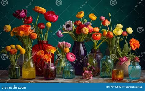 Fresh Bouquet Of Multi Colored Tulips On Table Generated By Ai Stock