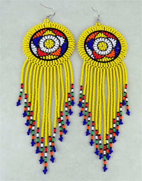 African Beaded Earrings Large Circle Tassel Yellow Earth Africa