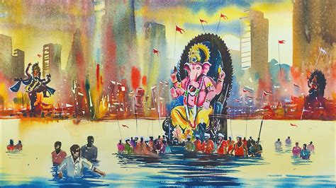 Mumbai Ganesh Visarjan Watercolor Painting Youtube