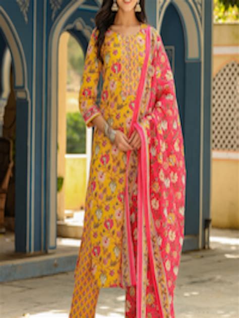 Buy AHIKA Women Mustard Yellow Pink Ethnic Motifs Print Kurta With