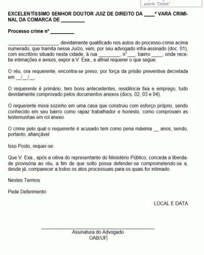 Exemplo De Peti O Liberdade Provis Ria Requerimento Modelo B Sico