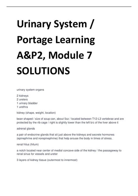 Urinary System Portage Learning A P2 Module 7 SOLUTIONS Urinary