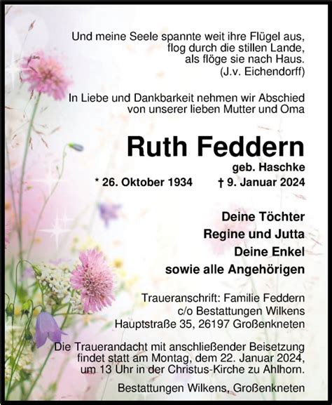 Traueranzeigen Von Ruth Feddern Nordwest Trauer De