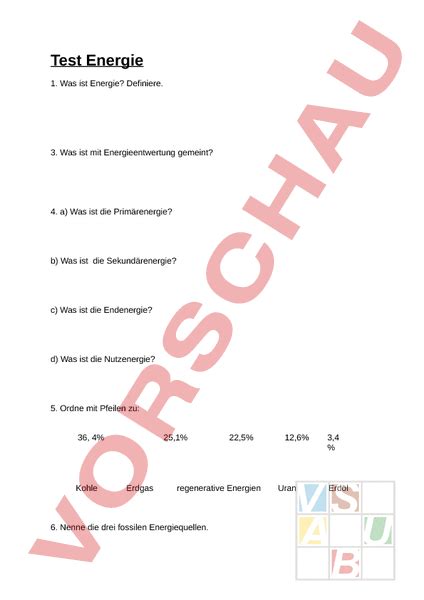 Arbeitsblatt Test Energie Physik Gemischte Themen