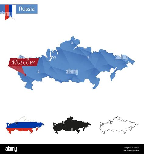 Russia Blue Low Poly Map With Capital Moscow Four Versions Of Map