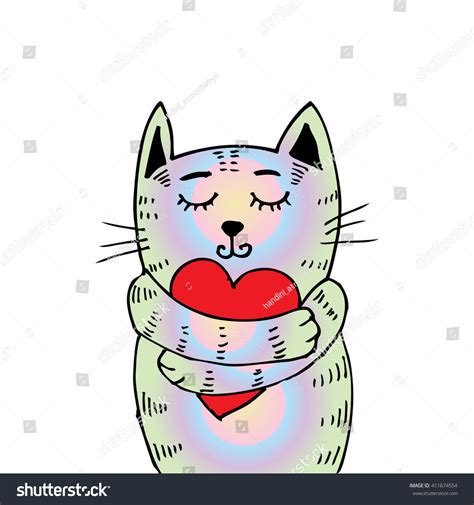 Cute Cat Hugging Heart Hand Drawing เวกเตอร์สต็อก ปลอดค่าลิขสิทธิ์