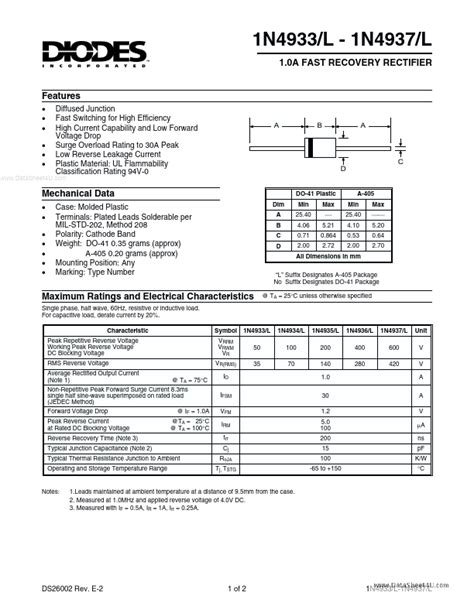 IN4935 Diodes Incorporated RECTIFIER Hoja de datos Ficha técnica