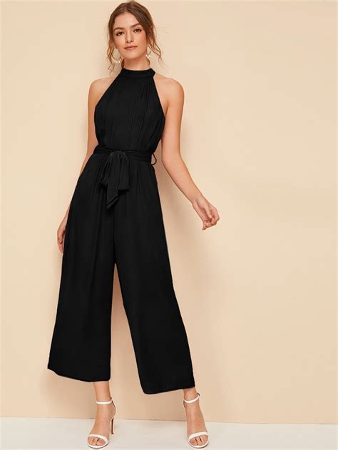 Split Back Belted Halter Palazzo Jumpsuit In 2021 Jumpsuit Elegant