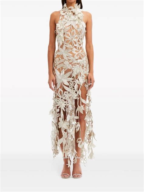 Oscar De La Renta Floral Bead Embellished Halterneck Gown Neutrals