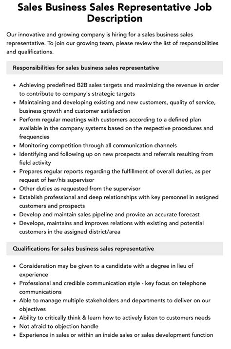 Sales Business Sales Representative Job Description Velvet Jobs