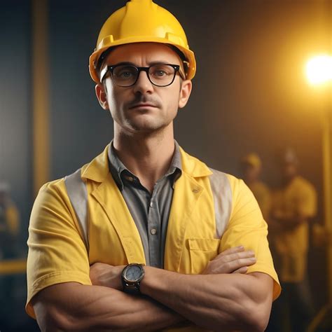 A Man Wearing A Yellow Hard Hat And Glasses Stands With His Arms