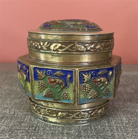 Antique Chinese Cloisonné Repousse Enamel Brass Tea Caddy Box Jar China 4688905050