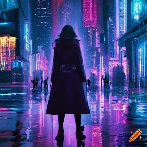 Neon Lit Cityscape With A Woman In Futuristic Attire On Craiyon