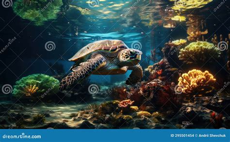 Hawaiian Green Sea Turtle Chelonia Mydas Swimming Underwater Stock