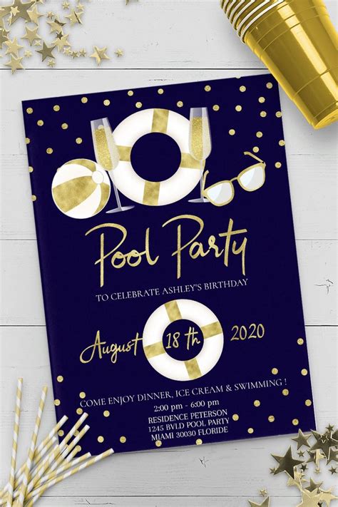 An Image Of A Pool Party Flyer With Gold Confetti And Streamers On It