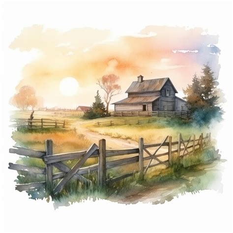 Premium AI Image Painting Of A Farm Scene With A Fence And A Barn