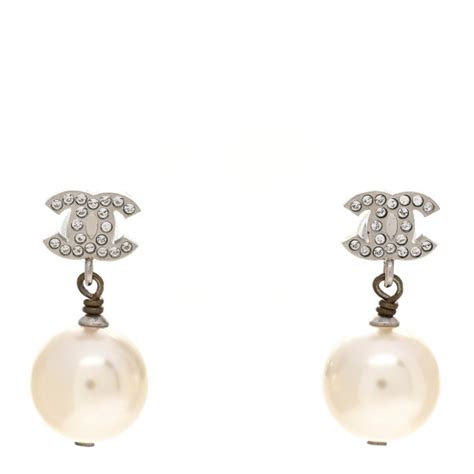 Chanel Crystal Pearl Cc Drop Earrings Silver Pearly White