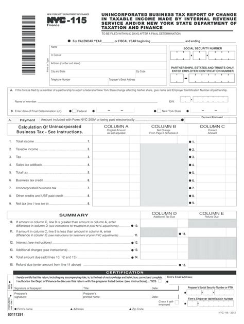 NYC DoF NYC 115 2012 Fill Out Tax Template Online US Legal Forms