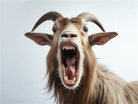 Premium Ai Image A Goat Screaming At The Camera On A White Background