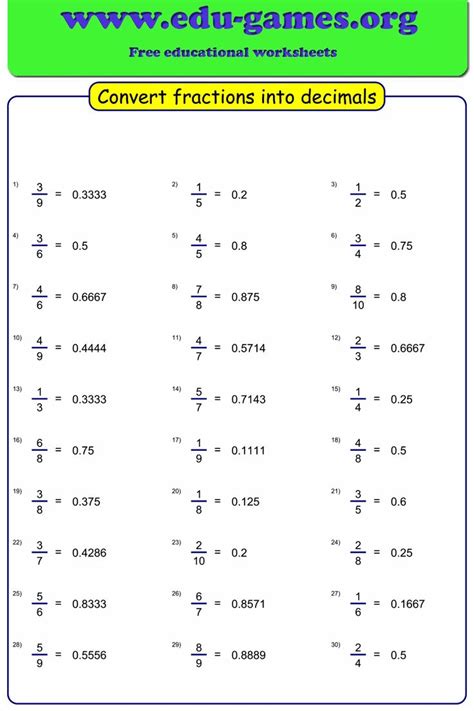 Change Fractions To Decimals Worksheet