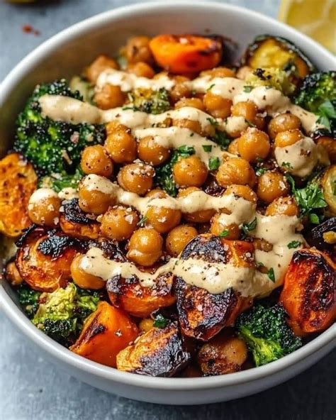 Roasted Vegetable Chickpea Bowl With Tahini Dressing In Veggie