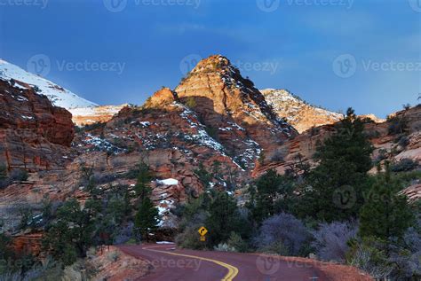 Zion National Park with road and snow 8337395 Stock Photo at Vecteezy