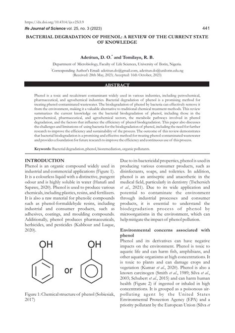 PDF Bacterial Degradation Of Phenol A Review Of The Current State Of