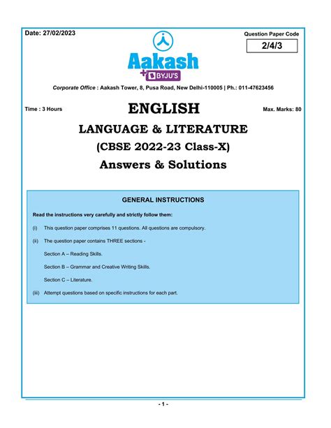 Cbse Class 10 English Question Paper 2023 Download Pdf