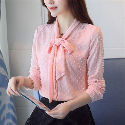 Buy 2017 Autumn Long Sleeve V Neck Bow Tie Chiffon