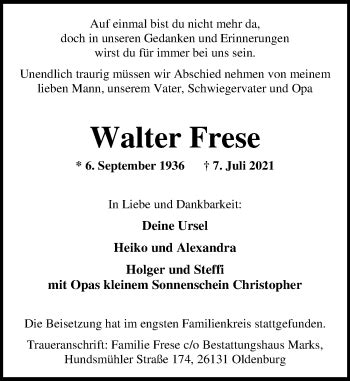 Traueranzeigen Von Walter Frese Nordwest Trauer De