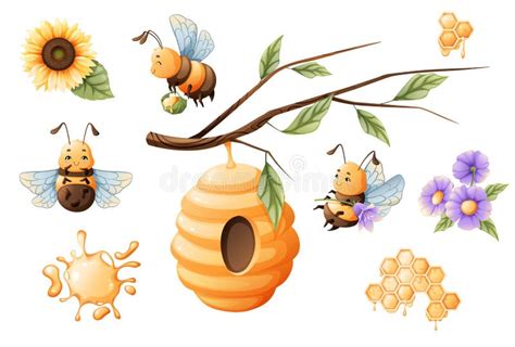 Cartoon Bees Beehive Sunflower Honeycombs Honey Set Of